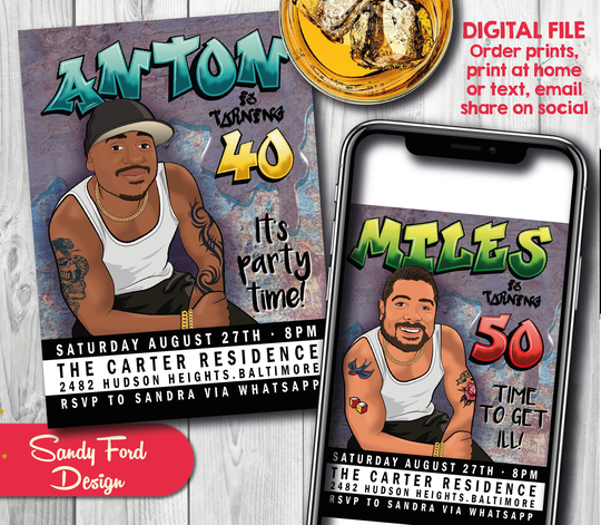 Man's Hip Hop Birthday Party Invitation - 30Th 40Th 50Th 60Th Any Age Illustrated From Your Photo Digital File