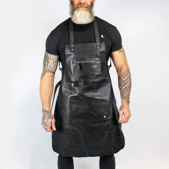 Distressed Cross Back Leather Apron - Black Full Grain Butchers For Hobbyists Woodwork Blacksmith With Pockets By Mahi