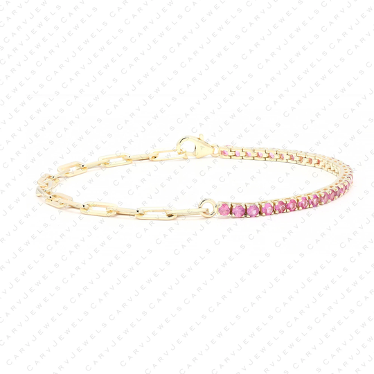 Real 50/50 2mm Pinksapphire Tennis & Paperclip Chain Bracelet, Solid 14K Gold, Thin Bracelet For Women
