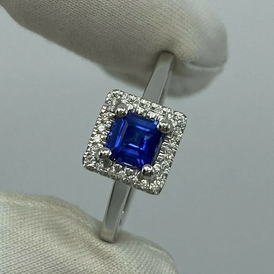 Fine Vivid Ceylon Blue Sapphire & Diamond 950 Platinum Halo Ring Princess Cut