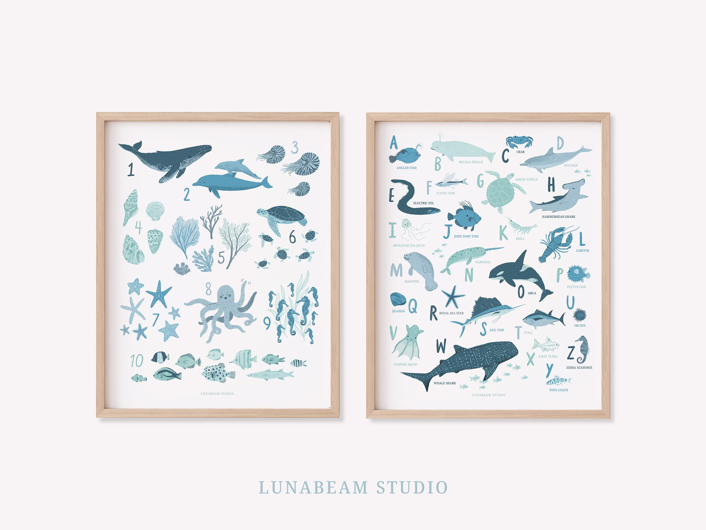 Kids Ocean Learning 2-In-1 Prints - Animals, Blue Room Art, Animal Abc Poster, Numbers Nursery Decor, Playroom