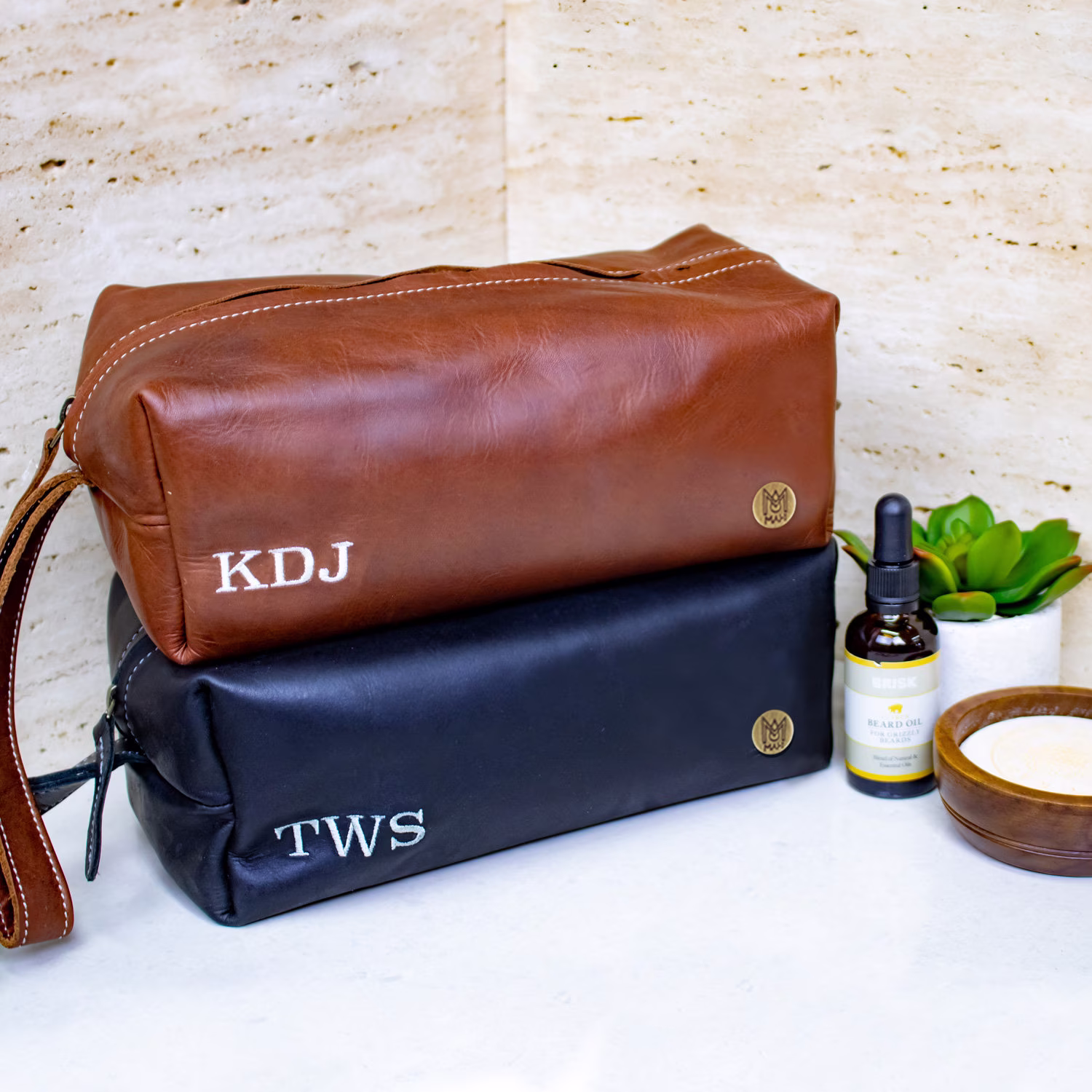 Internal Embroidery Mens Leather Wash Bag/Dopp Kit - Personalized Initials Bulk Discounts Shaving Bag/Toiletry Bag By Mahi