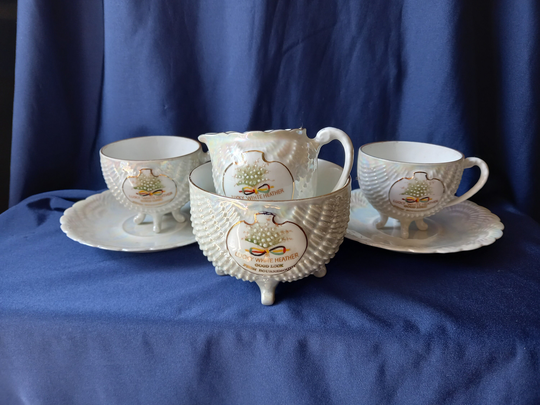 Bavaria Me, Coffee Set, Bavarian Lustre Ware, Souvenir Lucky White Heather, Bournemouth, Pearl Lustre, Cups, Vintage