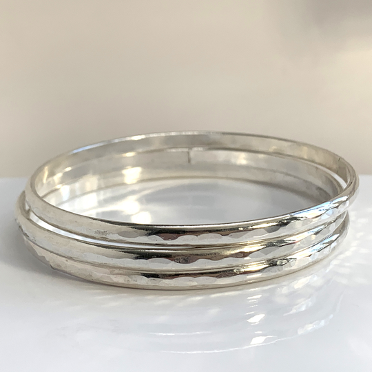 Half Round 4mm Wide Wire, Hand Forged Stacking Bangle, Solid Sterling Silver, Slip On Style, Polished Or Matte Finish