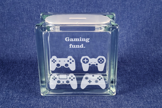 Gaming Console Engraved Glass Block Money Box/Savings Box, With Personalised Engraved Message