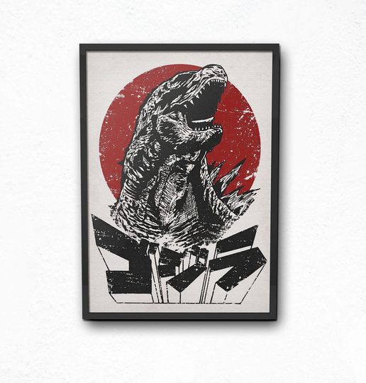 Traditional Japanese Art, Godzilla Poster, Canvas, Woodblock, Calligraphy
