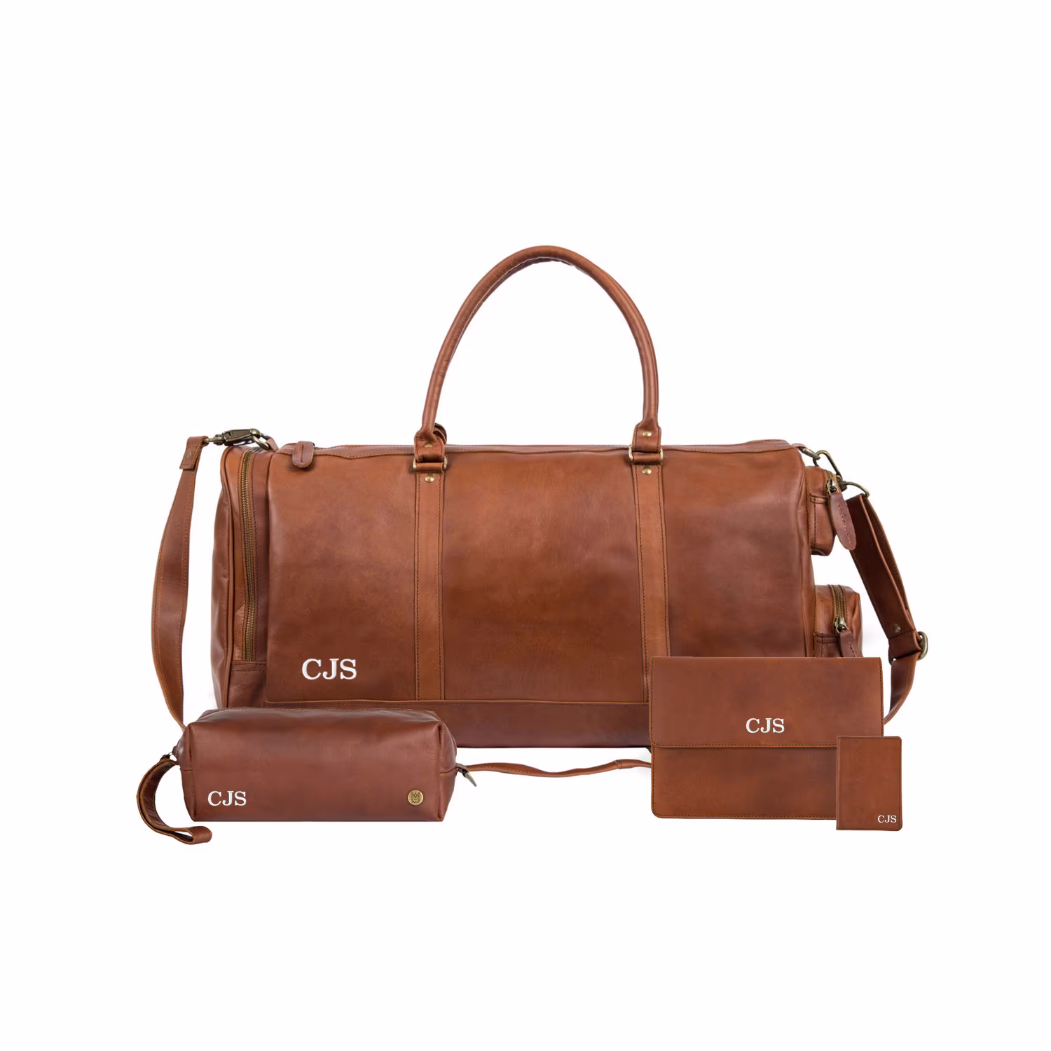 Personalized Travel Set With Holdall, Wash Bag, Passport Cover, & Wallet | Leather Holdall Gift Matching Accessories