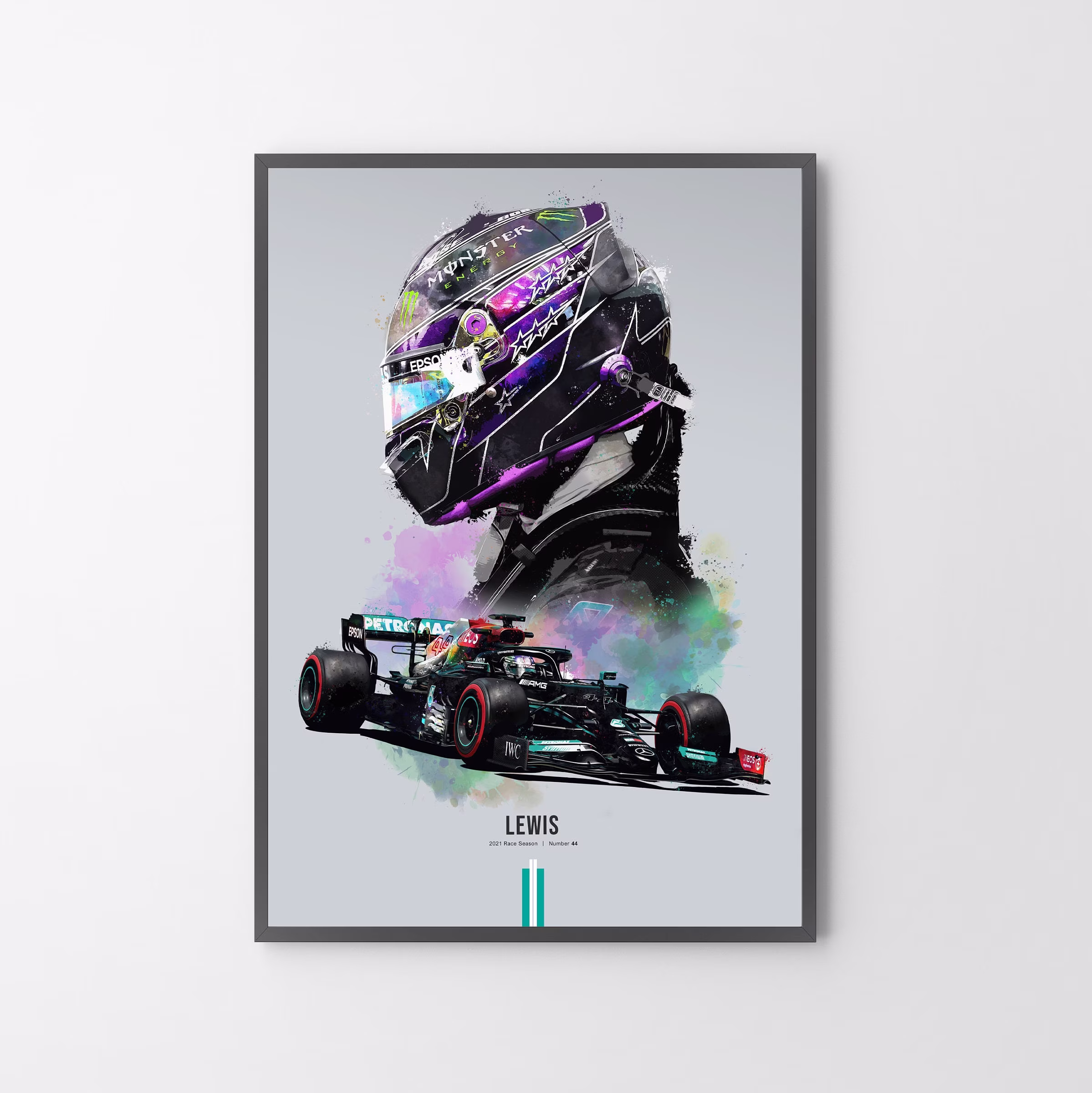 Lewis Hamilton F1 Car & Helmet Poster Print | Art Gift Illustration | Unframed