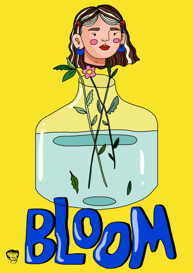 Bloom A4 Illustration Print - Colourful Fun Cartoon Portrait - Graphic Art Friends Shapes Earrings Flowers Bright