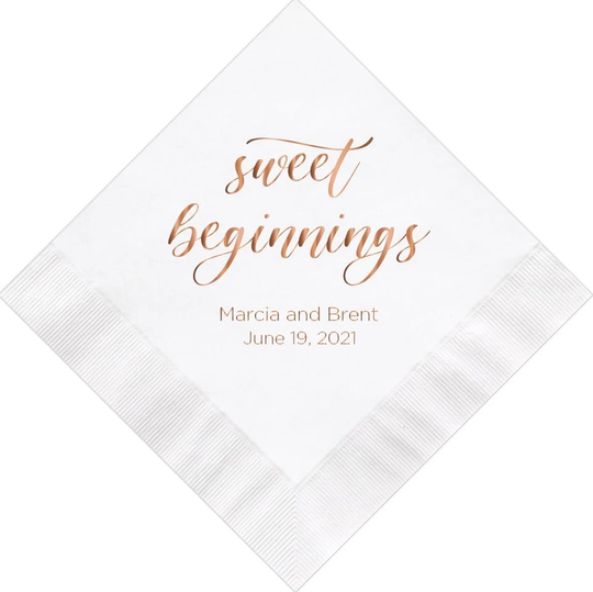 Personalized Wedding Napkins Sweet Beginnings Cake Dessert Custom Cocktail Beverage Reception Lots Of Colors Avail