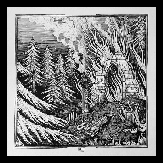 Original Ink Drawing "Burning Ruin