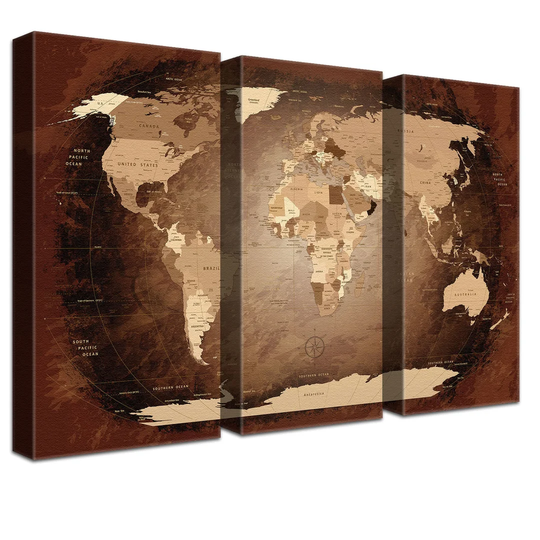 Antique Style World Map - 3 Piece Graphic Art Print on Canvas
