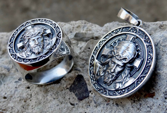 Jesus Sterling Silver .925 Pendant Ring Set God Head Handmade Jewellery