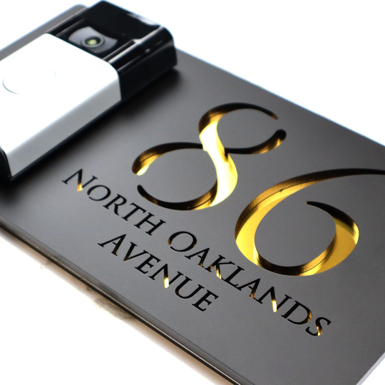 K Smart Sign | Bellissima Db Ring Nest Video Wifi Door-Bell Laser Cut Matt Black & Gold Mirror Floating House