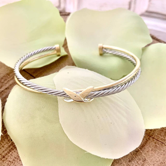 Classic 3mm Cable 2mm Gold Plated Wire Cuff Bracelet Crossover With X Stackable Everyday Two Tone