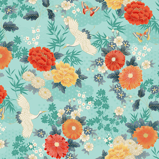 Makower - Michiko Large Floral Turquoise 2330/T 100% Cotton Patchwork Quilting Fabric Per Half Metre | 0.5M