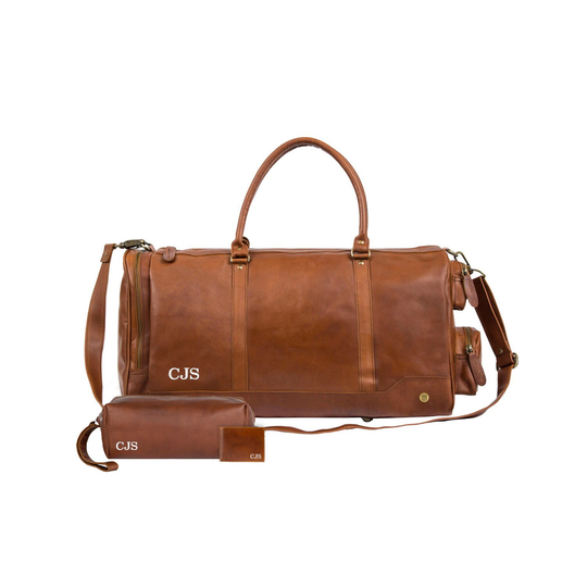 Personalized Leather Gift Set | Holdall, Wallet, & Dopp Kit Duffle Wash Bag & Wallet Combo With Monogram Initials For Him By Mahi