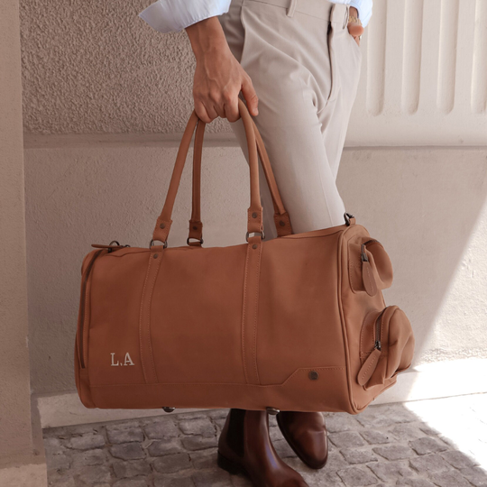 Personalized Soft Suede Leather Holdall/Duffle With Pockets - Weekend Bag Overnight Duffel in Beige Vintage Cognac By Mahi