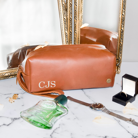 Anniversary Gift For Him - 3rd Leather Wash Bag Dopp Kit Toiletry Handmade With Personalized Initials/Monogram By Mahi