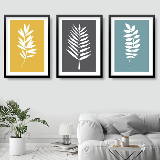 Set Of 3 Grey Yellow & Blue Gallery Wall Art Prints Tropical Fern Botanical Leaf Scandinavian Posters Minimalist Graphical Artwork