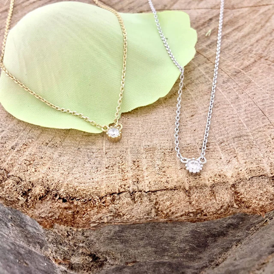 Teeny Tiny 2mm Diamond Cz One Point Stone Stackable Necklace No Coloration Stunning Trendy Must Have Fashionable Unique 14K Gold Vermeil