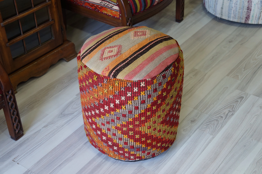 Ottoman Vintage Colorful Rainbow Round Stool Pouf Chair Decorative Pouffe Floor Pillow Cushion Cover 18x18 Wool