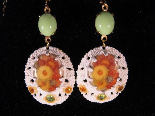 Vintage Earrings, Reclaimed Statement Flower, Yellow, Orange, Lime, Jennifer Jones, White Enamel, Under 30 - Festive