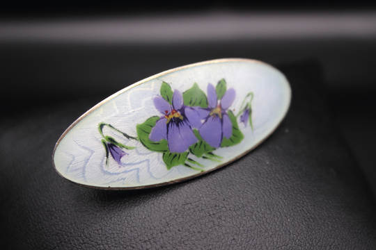 Norsk Filigransfabrikk Brooch - Early Norwegian 20Th Century Silver & Hand-Painted Guilloche Enamel Violets Free Delivery