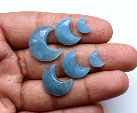 Natural Blue Aquamarine Moon Shape Gemstone Wholesale Lot Carved Cabochon Briolette Loose For Making Jewelry