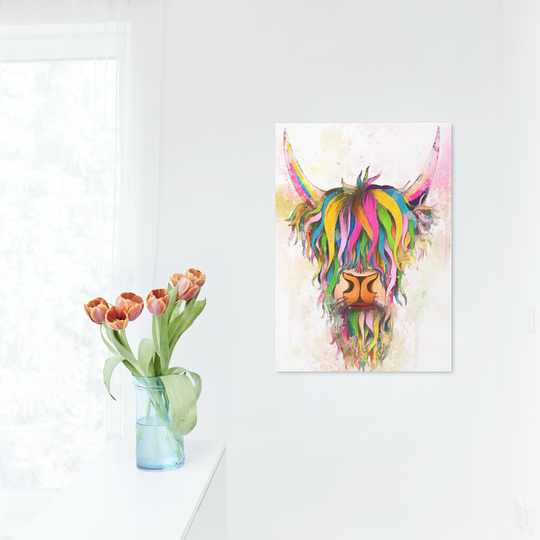 Brightly Coloured Highland Cow Canvas Wall Art, Decor, Abstract Art. Art Print, Hanging, Made in Scotland