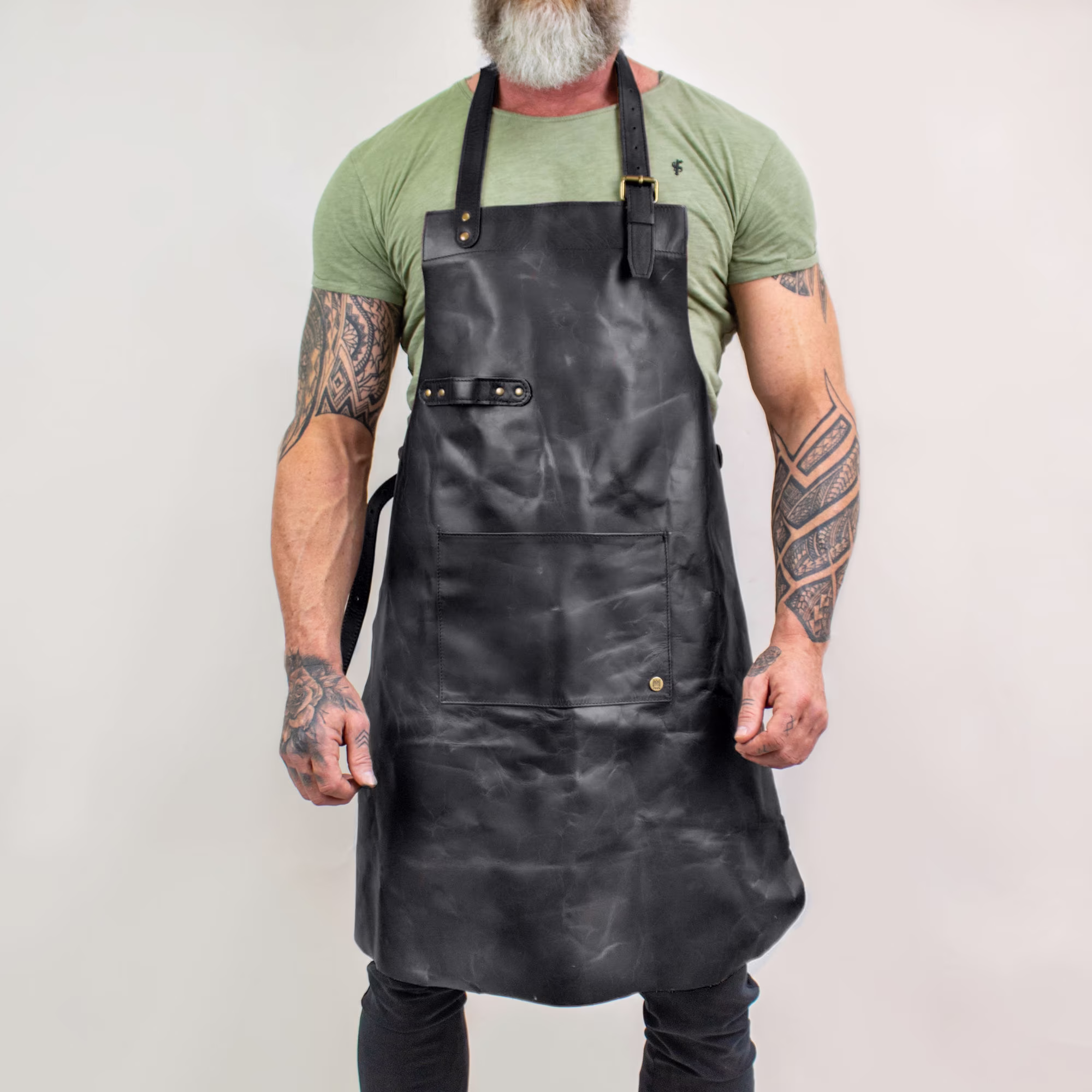 Distressed Leather Apron - Black Full Grain Butchers For Hobbyists Woodwork Blacksmith With Pockets & Towel Loop By Mahi