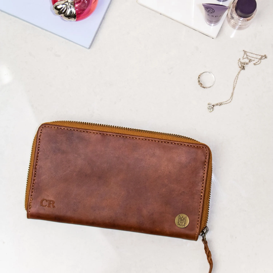 Personalized Full Grain Leather Purse/Wallet For Her Handmade in Vintage Brown 3rd Wedding Anniversary Gift | Ladies By Mahi