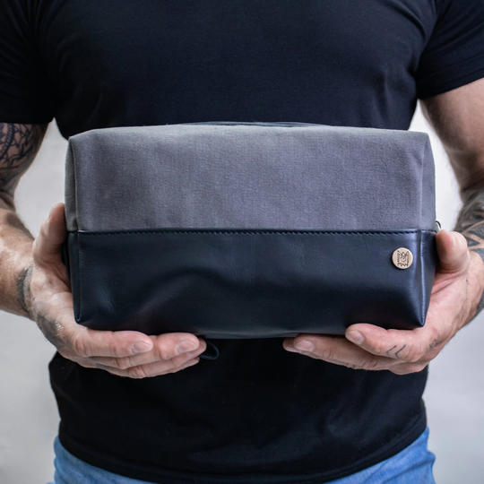 Personalized Wax Canvas & Leather Wash Bag in Grey Black - Men's Shaving Kit Dopp Handmade By Mahi