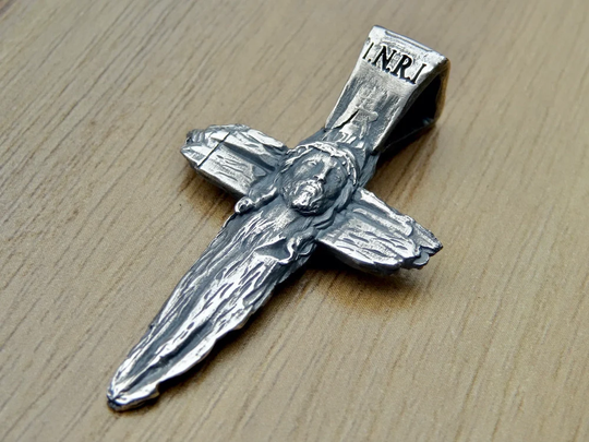 New Sterling Silver 925 Cross Inri Crucifix Pendant Large Necklace Wood Design Religious Present Gift Handmade