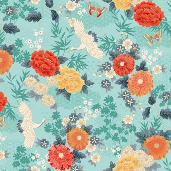 Fat Quarter, Michiko, Makower, Large Floral, Cranes, Butterflies, Japanese, Quilting, 100% Cotton, Japan, Patchwork, Bamboo, Chrysanthemum