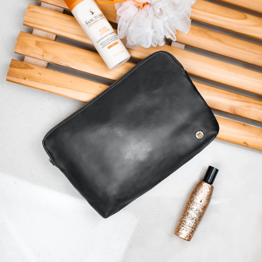 Personalized Large Black Leather Cosmetics Bag Makeup Bridesmaids Gift For Her in Premium Buffalo By Mahi