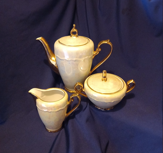 Vintage Coffee Set, Gebruder Benedikt, Pearl Lustre, Czech Porcelain, Bavarian China, Gift, Art Deco Set