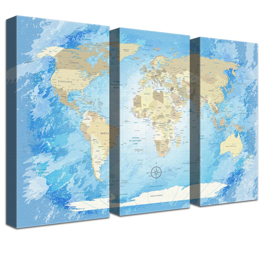 World Map Frozen - 3 Piece Graphic Art Print on Canvas
