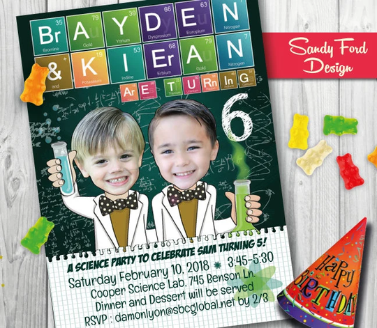 Science Birthday Party Invitation For Two Children, Boys, Girls - Personalized With Your Photo Digital File