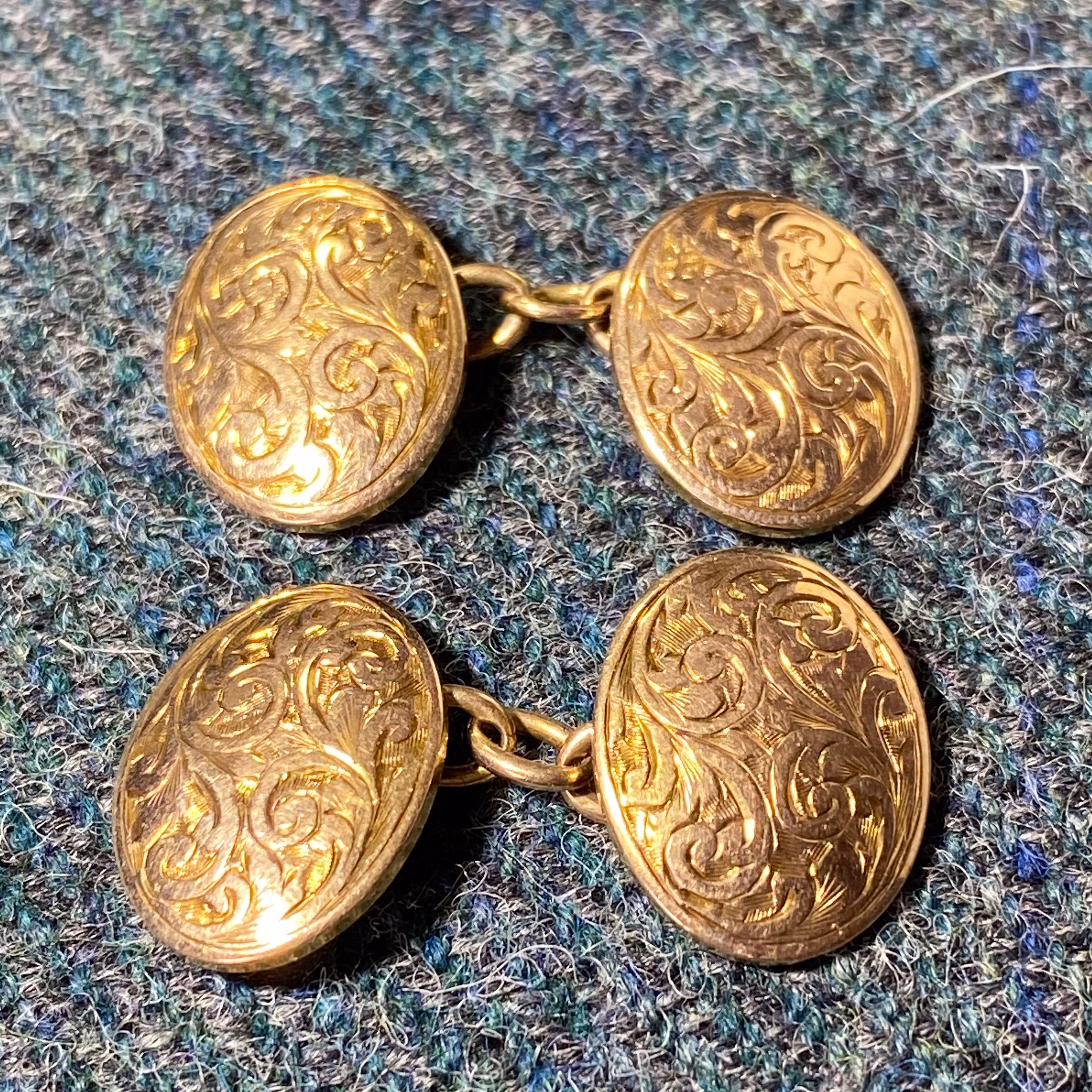 Antique Gold Cufflinks , Floral Engraving, Hallmarked 1911