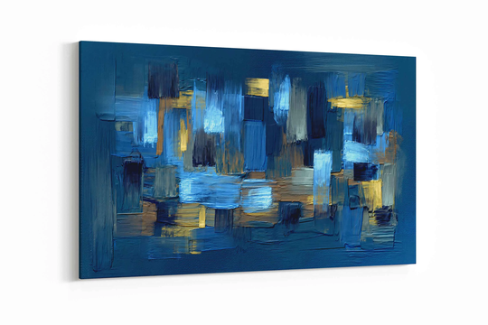 Large Abstract Canvas Wall Art, Painting, Dark Blue With Yellow Accents, Above Bed Decor, Panoramic Prints, Modern Artwork