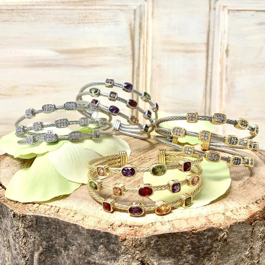 Triple 3mm Cable With Cz Cuff Bracelet Simple Stackable Must Have Item. Everyday Two Tone Gold Plated Stunning Hot Trendy
