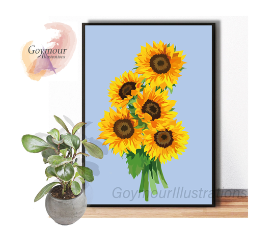 Sunflower Illustration Art Print, Yellow Sunflower, Choose Your Background, Spring Inspired Wall Prints, Bold & Bright Flowers