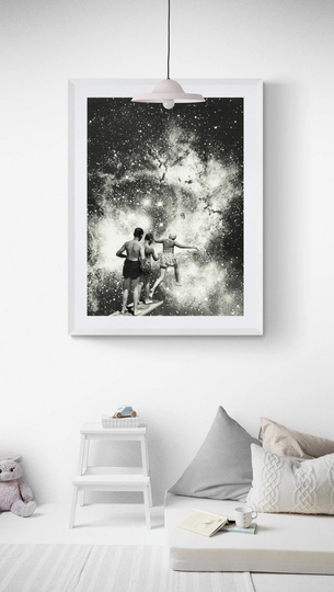 Surreal Collage Art Print - Handmade Scifi Art, Vintage, Retro Futurism, Kids Playing, Beautiful A3, Collage, Black & White