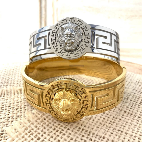 Greek Patterns Rion Head Chunky Bangle Bracelet No Coloration Gold Plated Stackable Trendy Fashion Basic Classic Stunning Fashionable Hot