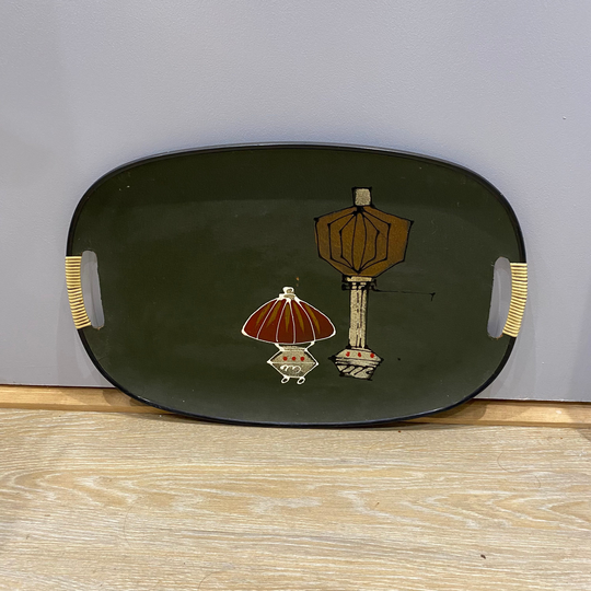 1950S Tray Lap Serving Wine Bar Tea Retro 1960S Black Vintage Plastic Raffia Iconic Design Oval