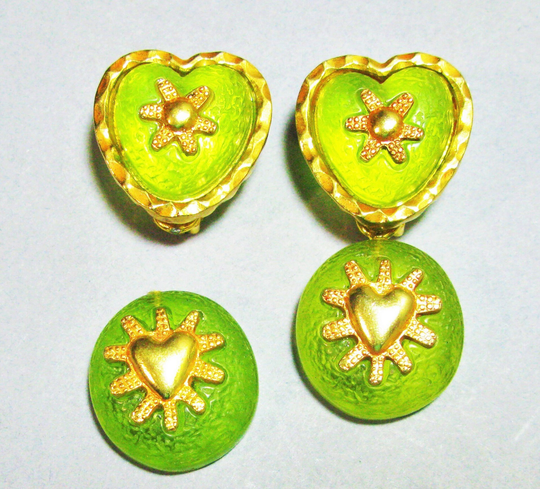 Christian Lacroix Earrings, Fabulous Green Glass Drop Heart Rare Iconic Design, Designer Haute Couture 1980S Vintage Retro