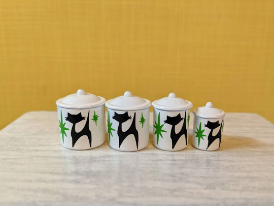 112 Scale Dollhouse Miniature Mid Century White Canister Set With Black Cat & Lime Green Starbursts