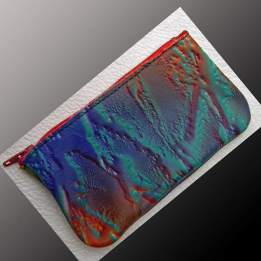 Handmade Leather Wallet/Coin Change Purse Bag Rainbow Airbrushed Abstract Elements , Embossed Patterned Cowhide Red Blue Tan Black