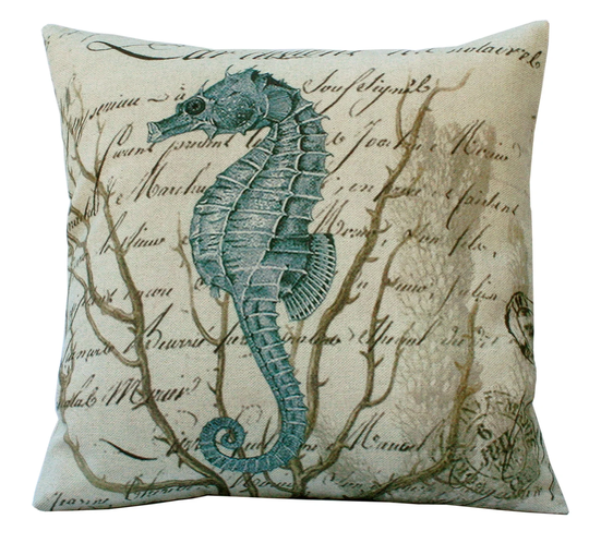Aqua Sea Horse On French Document Square Or Oblong 14x14 16x16 18x18 20x20 22x22 24x24 26x26 18x12 13x20 24x16 Inch Pillow Cover